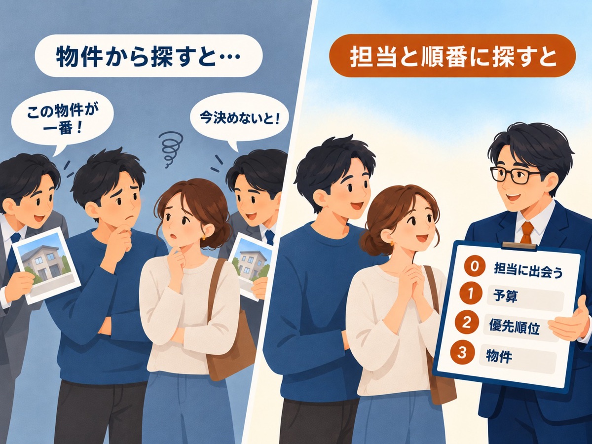 左：物件から探すと、営業に「この物件が一番！」「今決めないと！」と物件のチラシを差し出されて迷うご夫婦。右：担当と順番に探すと、担当が「0 担当に出会う、1 予算、2 優先順位、3 物件」のボードを見せ、ご夫婦が笑顔になっている