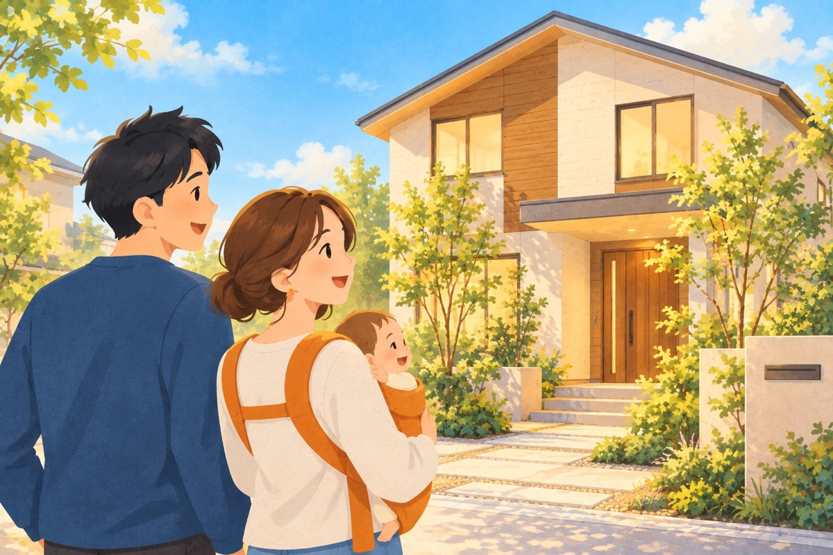 赤ちゃんを抱いて、新しい家の前に立つ夫婦のイラスト