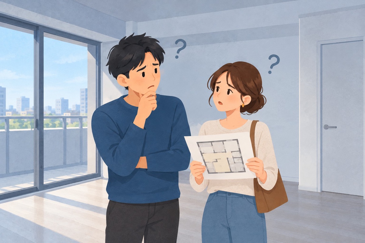 内見中の空き部屋で、間取り図を手に迷っている夫婦のイラスト
